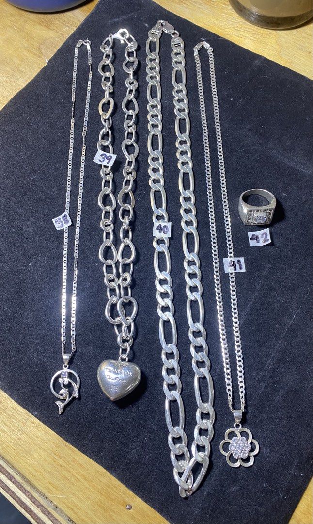 Sterling Silver Necklaces, Bracelet, and Ring Set (Category: Necklaces) located in Manila. Submitted by timeisgoldyoyongpinoy (Listing ID 1463595606, Image 1). Description: FOR SALE!🙂 SILVER SUBASTA 200 per gram “We accept silver for swap” BUO OR SIRA 38.) 5.2grms (19inches) ₱1,040 39.) 40.3grms ( 19inches) ₱8,060 40.) 65.2grms (25inches) ₱13,040 41.) 8.2grms ( 20inches) ₱1,640 42.) 7.4grms (Size 7.5) ₱1,480 Cash on Delivery via LBC ~For COD / C