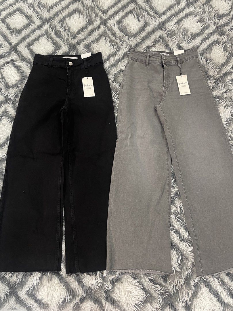 Stradivarius Wide Leg Jeans - Black & Grey (Category: Jeans) located in Manila. Submitted by rarestone.9647d6 (Listing ID 1463586594, Image 1). Description: - Brand: Stradivarius - Style: Wide Leg Jeans - Size: 36 - Colors: Black, Grey - Feature: Raw Hem Finish - Condition: Brand New (Never Worn) - Perfect for: Casual Looks.