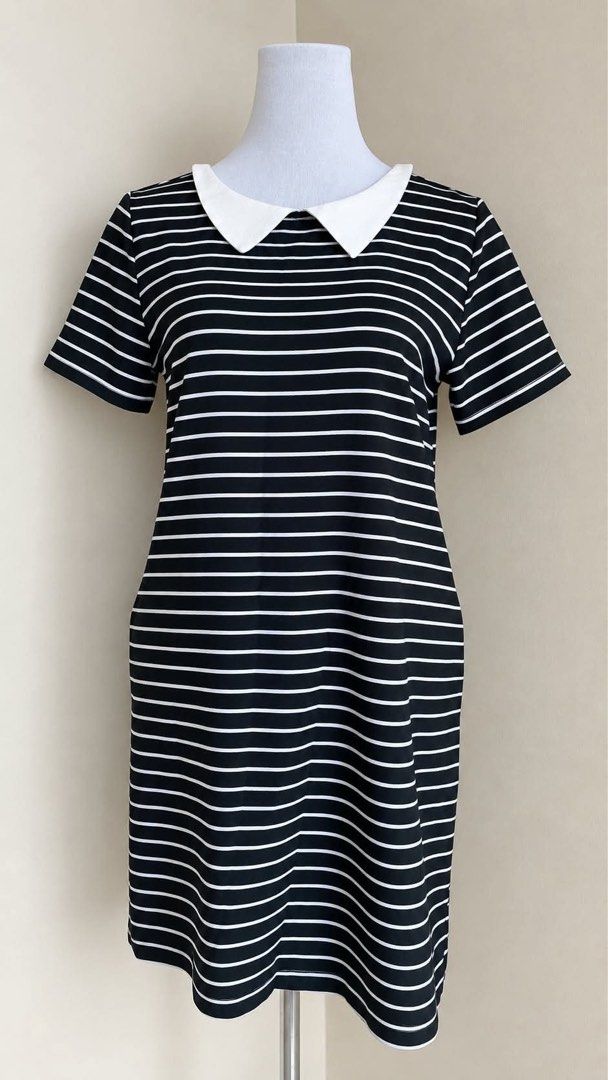 Striped Peter Pan Collar Dress (Category: Dresses) located in Mabalacat. Submitted by autumn.apparel (Listing ID 1463687855, Image 1). Description: Classic black and white striped knee-length dress with a cute Peter Pan collar and short sleeves. Features convenient side pockets. Perfect for everyday casual wear..