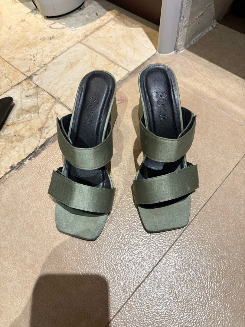 STRUT The Terra Moss Heels Size 8 (Category: Heels) located in Pasig City. Submitted by calliemanila (Listing ID 1463584340, Image 1). Description: - STRUT Terra heels in Moss color - Original price: P1,650.00 - Approx. 3” satin covered block heel - Satin fabric - Padded insole - Made in the Philippines - Selling at 400 pesos only, + 150 for LBC shipping.