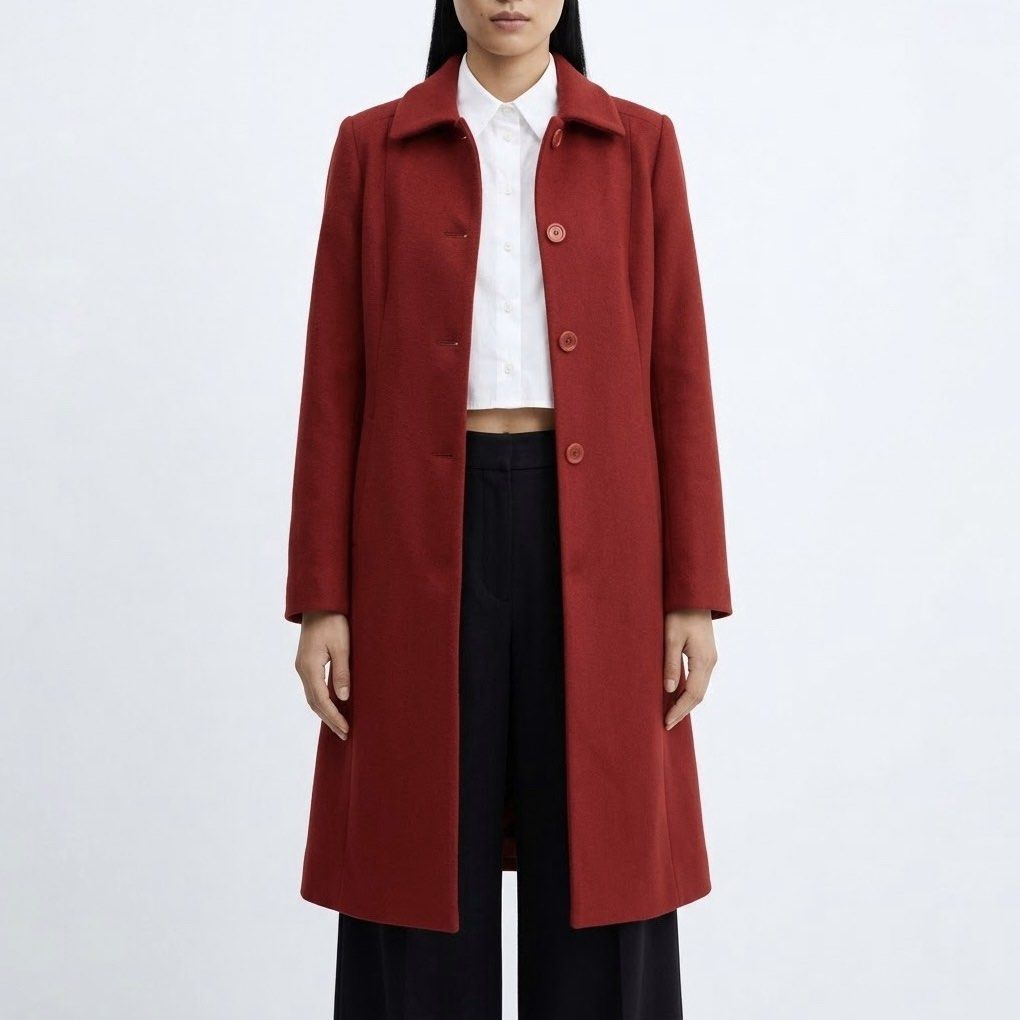 Suzuya Vintage Red Wool-Blend Single-Breasted Overcoat (Category: Coats, Jackets and Outerwear) located in Caloocan City. Submitted by declutteringph. (Listing ID 1463647406, Image 1). Description: Size S on the tag! Dimensions: (inches) Shoulder width: 14 Bust width: 19” Body Length: 37” Sleeves Length: 27”.