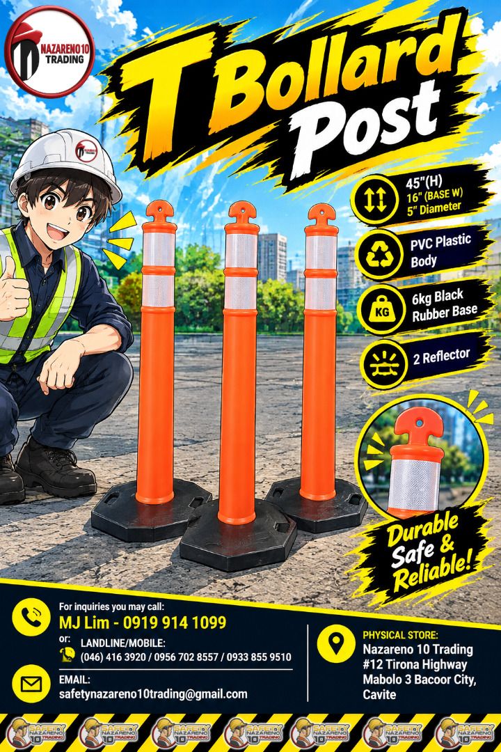 T-Bollards Post (Category: Looking For) located in Bacoor. Submitted by zealmountain-375a (Listing ID 1463557588, Image 1). Description: 45"(H) 16" (BASE W) 5" Diameter PVC Plastic Body 6kg Black Rubber Base 2 Reflector.
