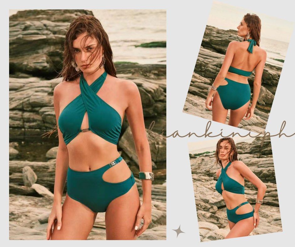 Teal Halter Neck High Waisted Cutout Bikini (Category: Bikinis & Swimsuits) located in Las Pinas. Submitted by kathybianca (Listing ID 1463589976, Image 1). Description: - Teal bikini set - Halter neck top with front metal detail - High-waisted bottoms with side cutout - Bottom straps feature metal buckles - Ideal for beach or pool days.