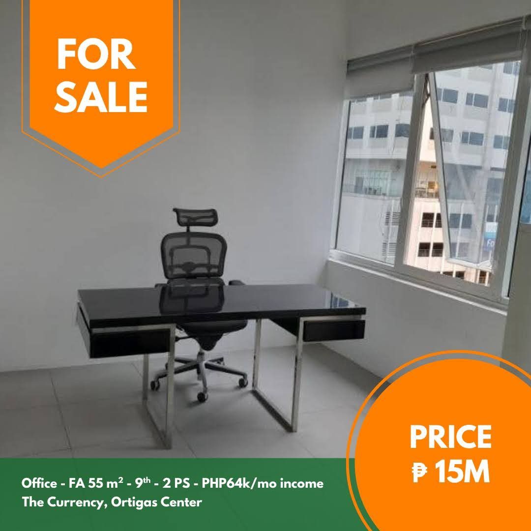 The Currency office unit (Category: Commercial) located in Quezon City. Submitted by jmpgutierrez (Listing ID 1463592689, Image 1). Description: For sale: The Currency office unit The Currency, Julia Vargas Avenue, Ortigas Center, Pasig City Floor area: 55 sqm Condominium unit Office 9th floor 2 parking slots PHP 64,000/month income Asking price: PHP 15,000,000 https://www.pgr.com.ph/commercial-1/2023/9/12/the-currency-office-unit -- Jose Mari Pa