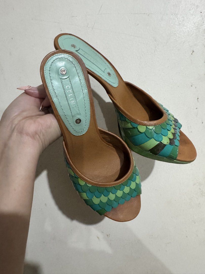 CELINE Vintage Scallop Mule Sandals (Category: Heels) located in Binan City. Submitted by maharlikasonlineshop (Listing ID 1463709554, Image 1). Description: ✨ VINTAGE CELINE Scallop Mule Sandals Rare & Statement Piece SLIDE 2 — DETAILS 🤎 Tan leather base 🩵 Aqua leather insole 💚 Teal & green scallop detailing ✨ Silver-tone hardware 👡 Open-toe mule silhouette SLIDE 3 — CONDITION PRE-OWNED / VINTAGE Please review all photos carefully for condit