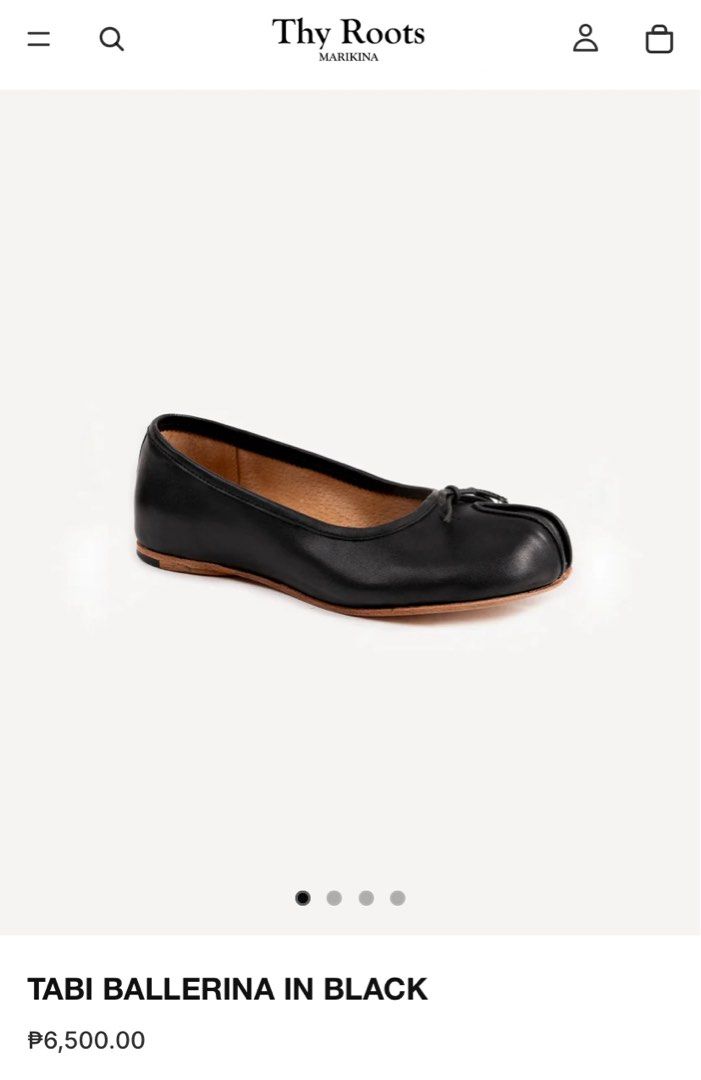 Thy Roots Black Tabi Ballerina Shoes (Category: Flats & Sandals) located in Makati City. Submitted by vanillasugar_ (Listing ID 1463663067, Image 1). Description: - Brand: Thy Roots Marikina - Style: Tabi Ballerina Flats - Color: Black - Material: Leather - Size: 7 - Features: Unique split-toe design RFS: Wrong size. Used only once. Soles showed discoloration when I attempted to clean them. Bought them for 6.5k..