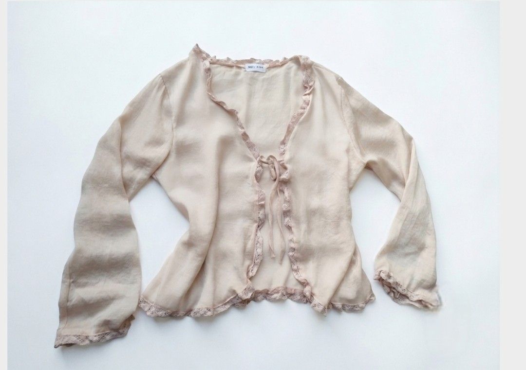 tie-front ruffle cardigan look (Category: Others Tops) located in Quezon City. Submitted by lys_picks (Listing ID 1463686909, Image 1). Description: freesize veryy coquette in personal💕.