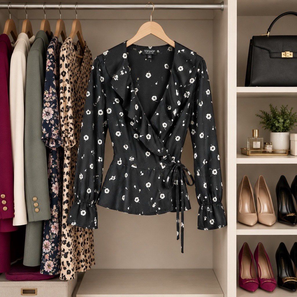 TOPSHOP Black Floral Wrap Blouse (Category: Blouses) located in Makati City. Submitted by beehive03 (Listing ID 1463572881, Image 2). Description: - Cute black wrap blouse - White floral print - Ruffle details on sleeves and neckline - Tie waist for adjustable fit -nice fabric .