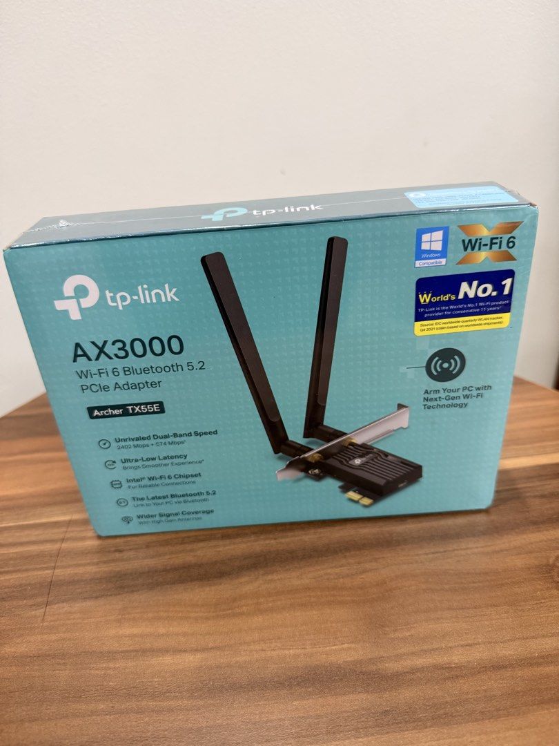 TP-Link PCIe Adpter AX3000 Wi-Fi 6 Bluetooth 5.2 TX55E (Category: Networking) located in Caloocan City. Submitted by risnozaral65174 (Listing ID 1463573514, Image 1). Description: - Upgrade your PC with Wi-Fi 6 and Bluetooth 5.2 - Experience blazing-fast speeds: up to 2402 Mbps (5 GHz) and 867 Mbps (2.4 GHz) - Enjoy lower latency for smoother gaming - Benefit from improved signal reception - Includes a low-profile bracket for easy installation in