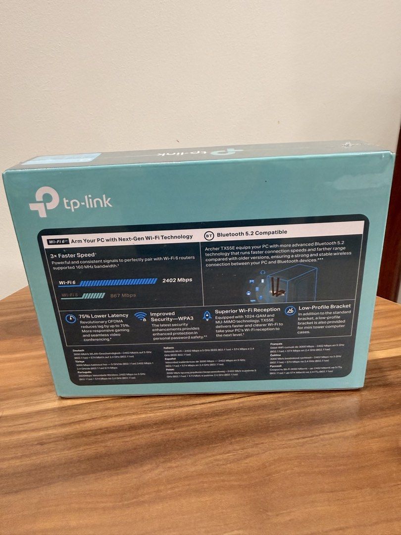 TP-Link PCIe Adpter AX3000 Wi-Fi 6 Bluetooth 5.2 TX55E (Category: Networking) located in Caloocan City. Submitted by risnozaral65174 (Listing ID 1463573514, Image 2). Description: - Upgrade your PC with Wi-Fi 6 and Bluetooth 5.2 - Experience blazing-fast speeds: up to 2402 Mbps (5 GHz) and 867 Mbps (2.4 GHz) - Enjoy lower latency for smoother gaming - Benefit from improved signal reception - Includes a low-profile bracket for easy installation in