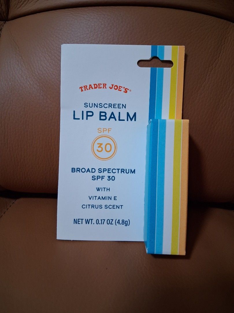 Trader Joe's Sunscreen Lip Balm SPF 30 (2 available) (Category: Face Care) located in Marikina City. Submitted by misskawaii (Listing ID 1463618655, Image 2). Description: NOTE: Price is per piece - Trader Joe's Sunscreen Lip Balm - SPF 30 Broad Spectrum Protection - Refreshing Citrus Scent with Vitamin E - Expiration Date: 07/2027.
