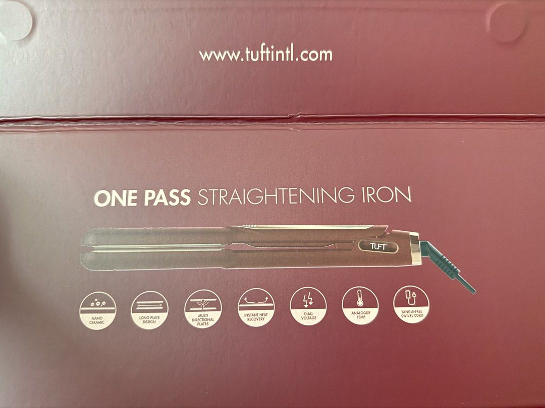 TUFT Diamond Plus One Pass Straightening Iron (Category: Hair) located in Manila. Submitted by whenharrymetsam5612 (Listing ID 1463647087, Image 2). Description: Like new - Used 2-3 times only Singapore Brand Purchased from HairMNl MOP - Gcash 🚚 - c/o buyer Key Specifications Plate Size: 1 inch Plate Material: Nano Ceramic Coated Floating Plates Maximum Temperature: 230°C / 450°F (Analogue temperature control) Heating Element: MCH (Metal Ceramic