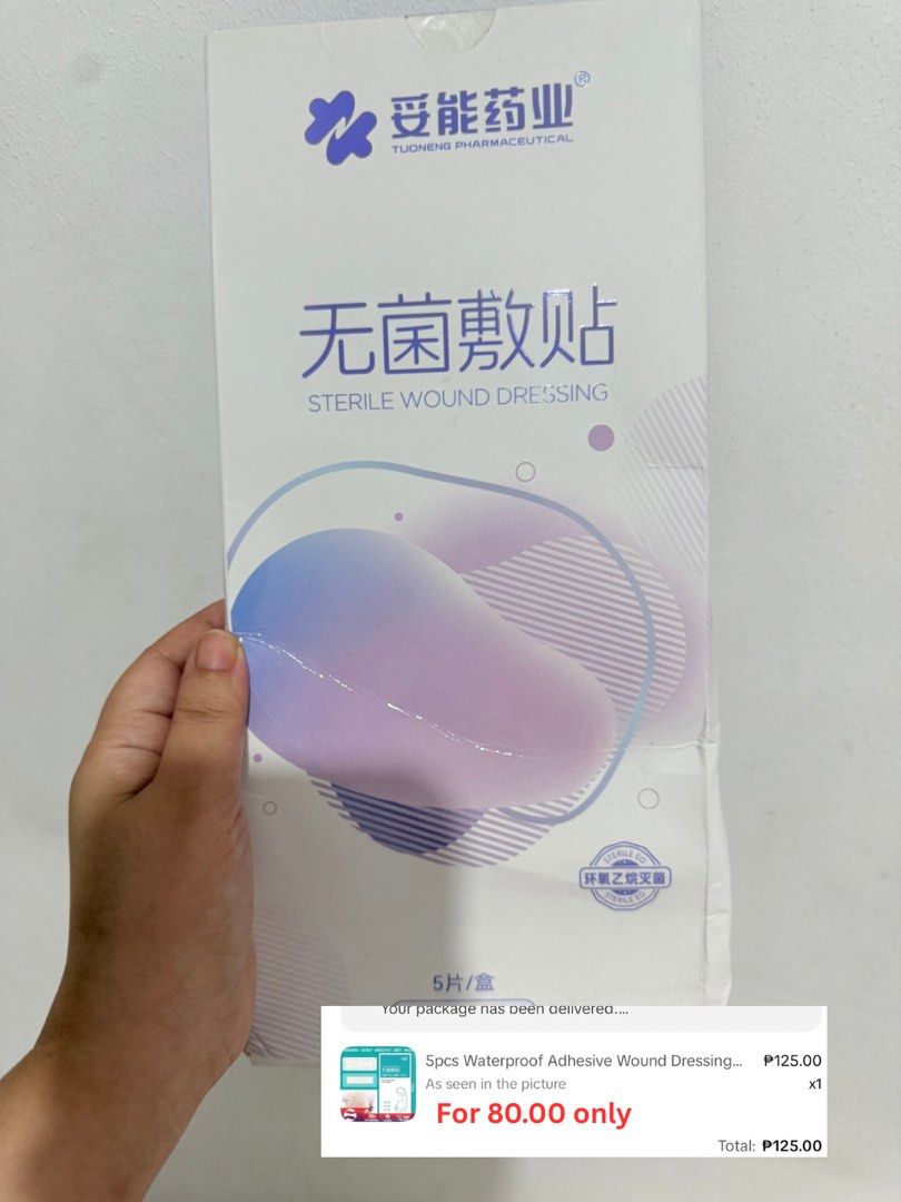 Tuoneng Pharmaceutical Sterile Wound Dressing (5pcs) (Category: Medical Supplies & Tools) located in Las Pinas. Submitted by chelooooogs (Listing ID 1463583184, Image 1). Description: - 5 pieces of sterile wound dressing - Brand: Tuoneng Pharmaceutical - Waterproof and adhesive - Ideal for covering and protecting wounds - Great value for money!.