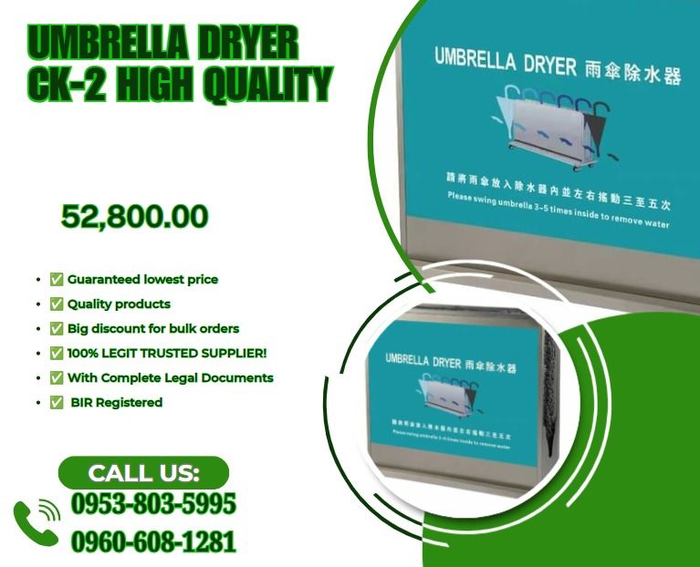 Umbrella Dryer ck-2 high quality (Category: Washing Machines and Dryers) located in Caloocan City. Submitted by goldenriver-a9d0 (Listing ID 1463614422, Image 1). Description: ●Specification ●Sand steel ( Silver ) ●L*W*H mm 1010*825*268mm #Highquality #UmbrellaDryer #UmbrellaBagMachine #WrappingMachine #AutomaticWet #UmbrellaBagging #Machine #ProvenAndTested #BrandNew .