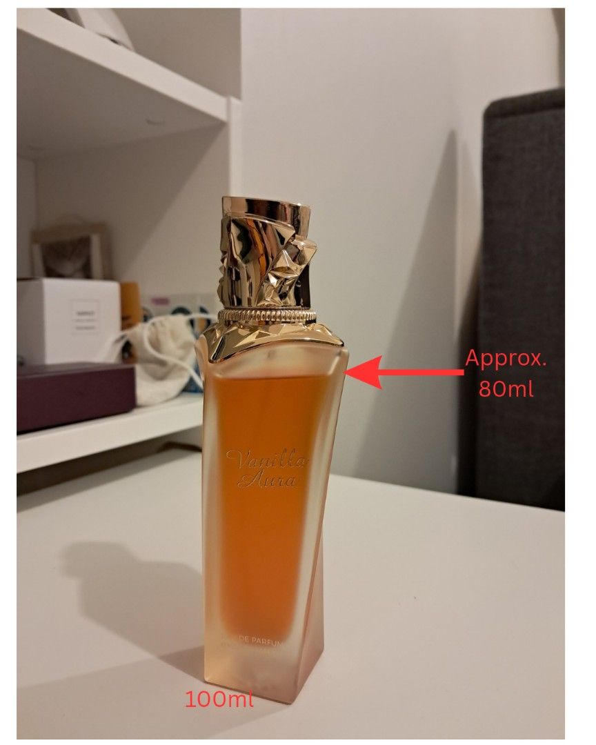 Vanilla Aura Eau de Parfum 100ml (Category: Fragrance & Deodorants) located in Manila. Submitted by sns_mithi (Listing ID 1463694063, Image 1). Description: - Vanilla Aura Eau de Parfum - Bottle size: 100ml - Amount remaining: Approximately 80ml Decluttering Decluttering MOP - Gcash/Maya/Metrobank/BPI/GoTyme Payment first before delivery via Lalamove/GrabExpress.