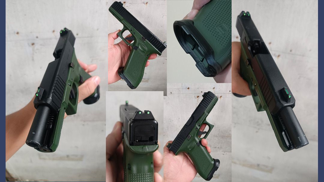 VFC Glock 17 Gen 5 MOS + TTI Lightweight Mag (Category: Action & Battle Toys) located in Laoag. Submitted by jmlguillermo (Listing ID 1461696219, Image 2). Description: Brand and Model: VFC Glock 17 Gen 5 MOS (Frame painted camo green) Set + TTI Lightweight Magazine Price: P8,000 whole set + SF P1,500 for TTI Glock Mag Only (has Laylax purple gas router upgrade) P7,500 for VFC Glock w/ 1 stock mag only, 3D printed parts, stock parts Condition: On