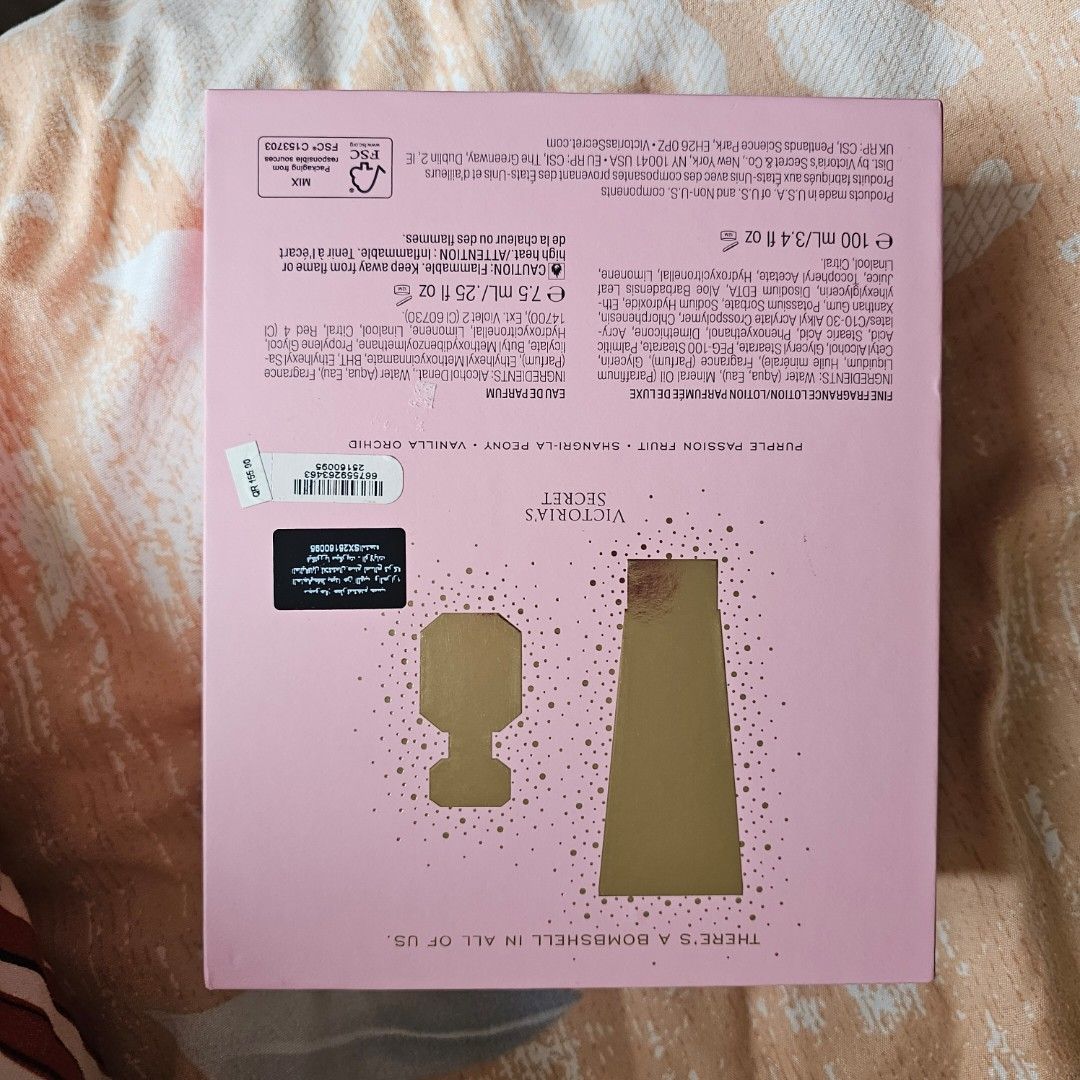 Victoria's Secret Bombshell Perfume & Lotion Gift Set (Category: Fragrance & Deodorants) located in Mandaluyong City. Submitted by unishia21 (Listing ID 1463591412, Image 2). Description: - Victoria's Secret Bombshell Gift Set - Includes: Fine Fragrance Lotion (100ml / 3.4 fl oz) - Includes: Perfume (7.5ml /.25 fl oz) - Scent Notes: Purple Passion Fruit, Shangri-La Peony, Vanilla Orchid - Ideal gift for any occasion.