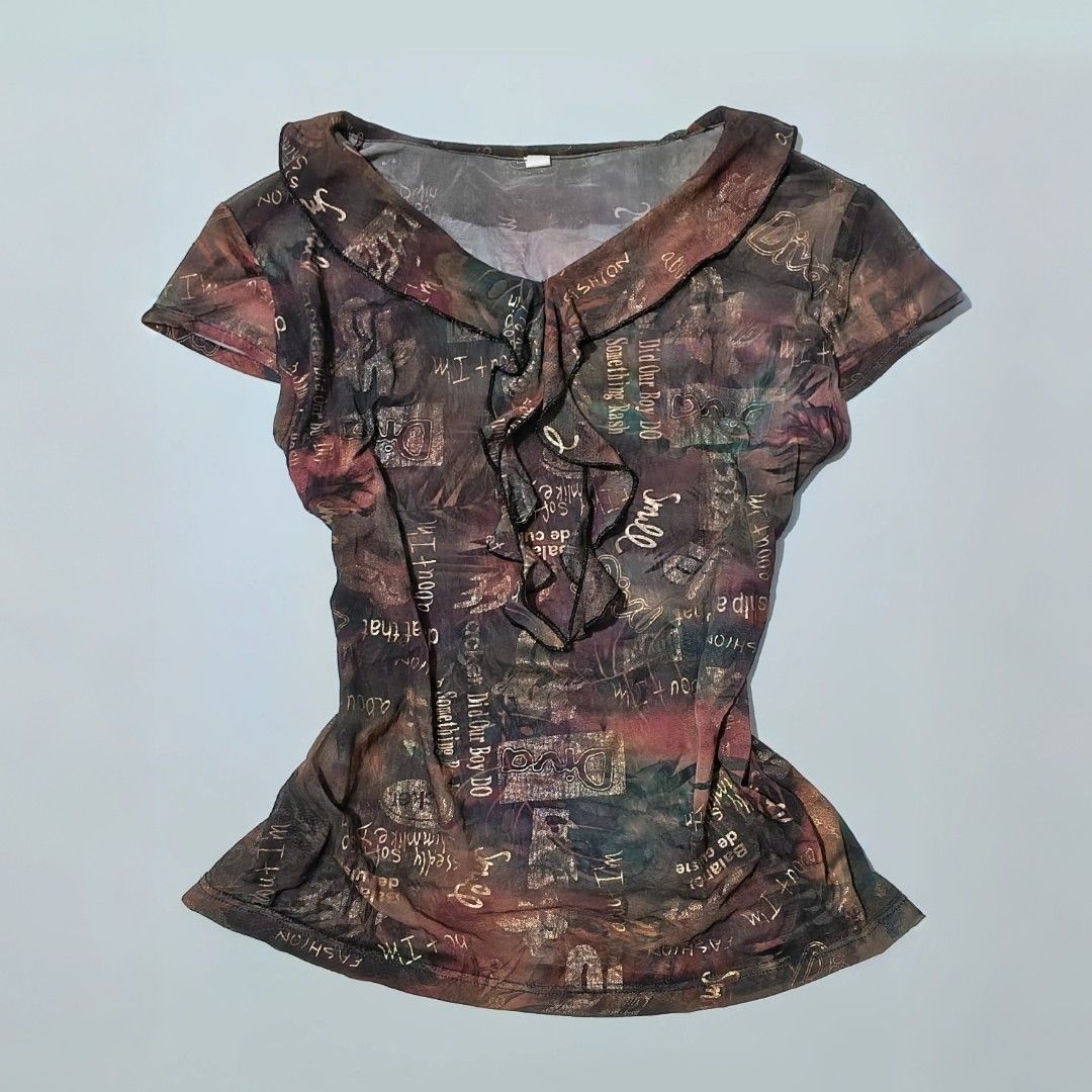 [sold] vintage brown graphic print mesh top (Category: Blouses) located in Tarlac. Submitted by yohfinds (Listing ID 1463679553, Image 1). Description: .