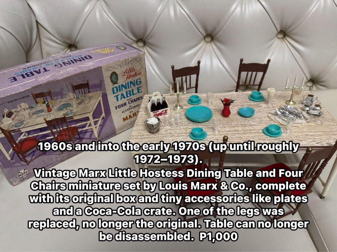 Vintage Marx Little Hostess Dining Table & 4 Chairs Set (Category: Kids Toys) located in Cainta. Submitted by elainelawenko (Listing ID 1463662890, Image 2). Description: - Vintage Marx Little Hostess Dining Table and Four Chairs set - From the 1960s to early 1970s - Includes original box and tiny accessories (plates, Coca-Cola crate) - Note: One leg has been replaced and is not original - Table can no longer be disassembled - Selling Price: P1,0