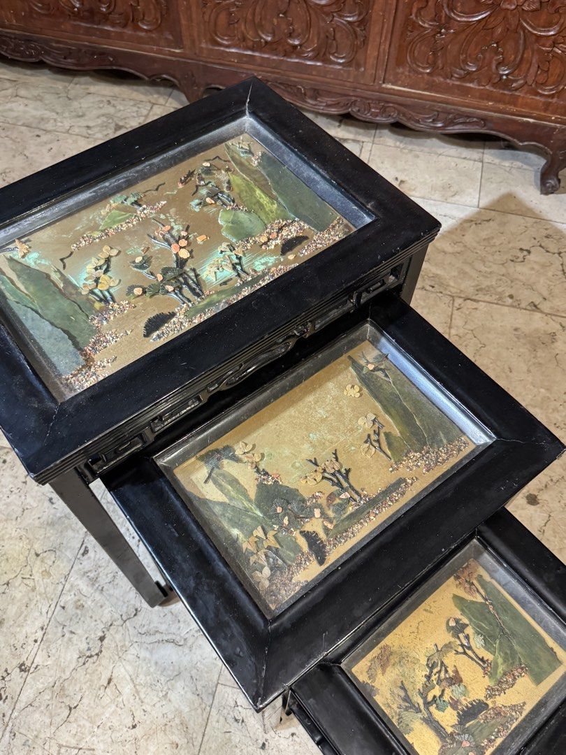 Vintage Nesting Table Featuring Decorative Landscape Scenes (Category: Other Home Decor) located in Manila. Submitted by sinaunang_gamit (Listing ID 1463633738, Image 2). Description: Vintage Nesting Table Featuring Decorative Landscape Scenes Total of 4pcs Height: 24.5 inches Length: 20 inches Width: 14 inches ₱12k.
