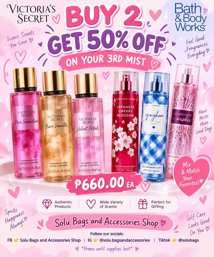 VS Fragrance Mist (Category: Fragrance & Deodorants) located in Taguig. Submitted by mommasolu (Listing ID 1463653813, Image 1). Description: ‼️FRAGRANCE MIST PROMO‼️ BUY 2 GET 50% OFF ON YOUR 3RD MIST. Mix and Match BBW and VS scents 660.00 php each GET 3 MIST FOR ONLY 1650.00 dm for queries. ‼️promo until supplies last‼️.