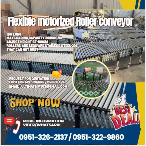 Wedge belt Flexible Roller Conveyor Flexible motorized Roller conveyor (Category: Industrial Equipment) located in Caloocan City. Submitted by casesarian62993 (Listing ID 1463607150, Image 1). Description: Length:10m (10 meters when expanded closed length 3.8m), Width:600mm Height :67cm-100cm(Adjustable) Roller Material: stainless steel201 Roller diameter: 50mm, wall thickness 1.5mm Frame material: Galvanized carbon steel Legs Material: stainless