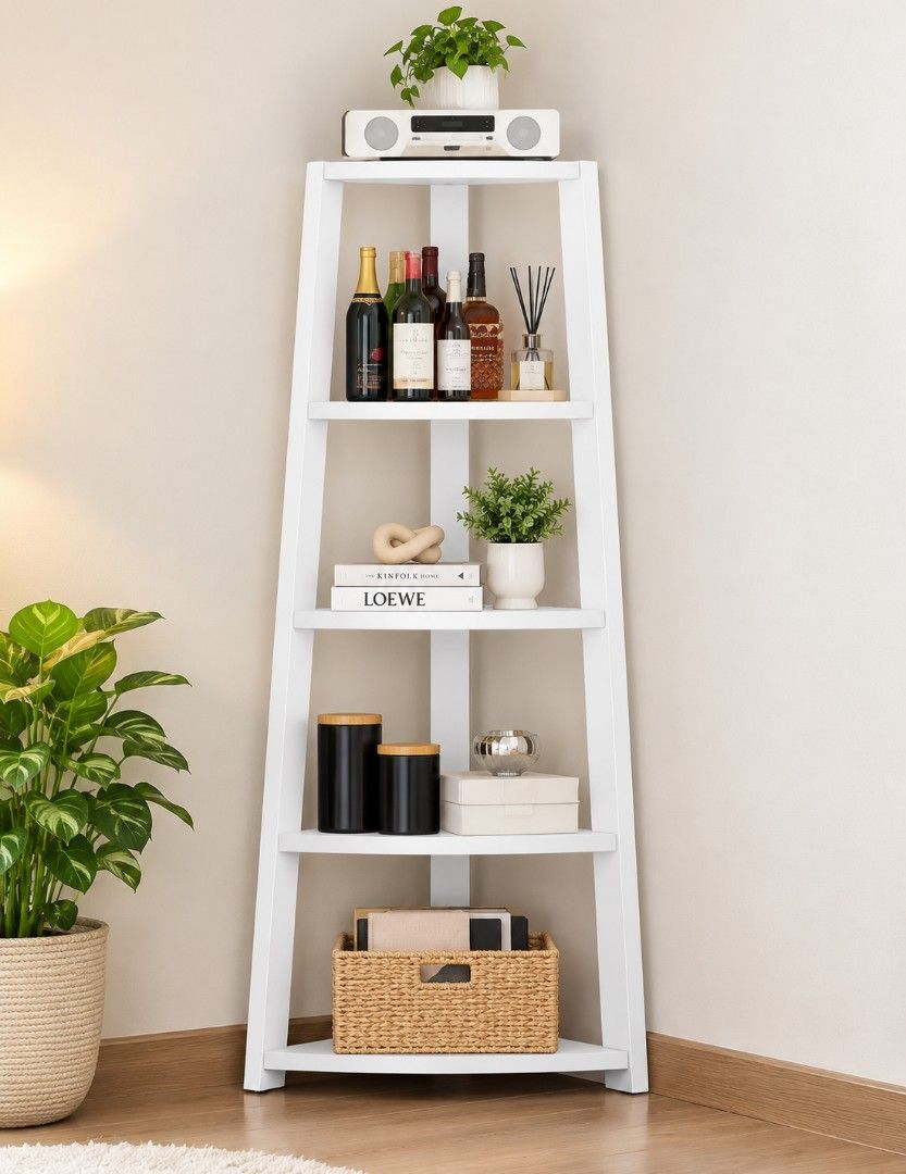 White 4-Tier Ladder Corner Shelf Bookshelf Display Stand Solid Wood (Category: Shelves, Cabinets & Racks) located in Manila. Submitted by phoebecali (Listing ID 1463587045, Image 1). Description: - White 4-tier corner shelf - Ladder style design - Ideal for displaying books, plants, or decor - Dimensions: 106cm tall, approx. 32cm shelf depth - Space-saving design, fits neatly into any corner - Easy to assemble - Versatile use for living room, bed