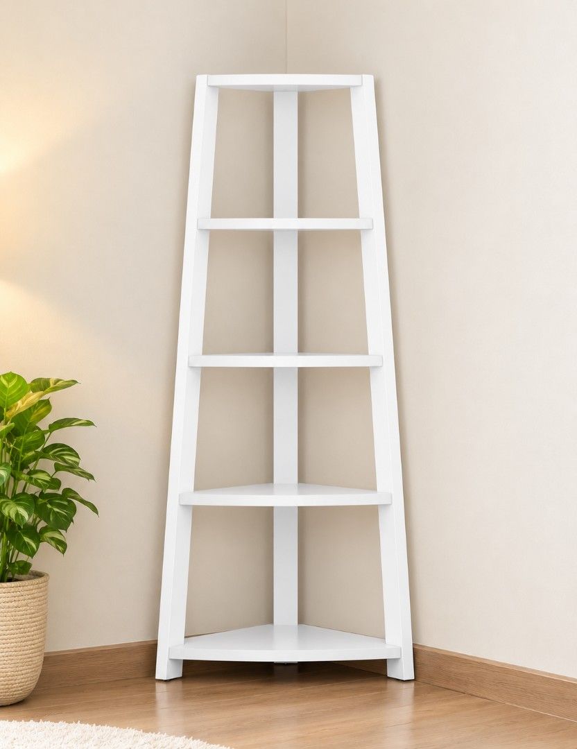 White 4-Tier Ladder Corner Shelf Bookshelf Display Stand Solid Wood (Category: Shelves, Cabinets & Racks) located in Manila. Submitted by phoebecali (Listing ID 1463587045, Image 3). Description: - White 4-tier corner shelf - Ladder style design - Ideal for displaying books, plants, or decor - Dimensions: 106cm tall, approx. 32cm shelf depth - Space-saving design, fits neatly into any corner - Easy to assemble - Versatile use for living room, bed