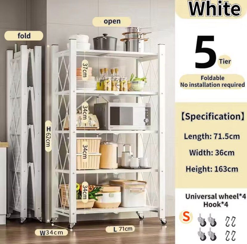 White 5-Tier Foldable Shelf with Wheels (Category: Shelves, Cabinets & Racks) located in Quezon City. Submitted by chinserrano (Listing ID 1463678811, Image 1). Description: * Foldable and space-saving * With wheels for easy movement * Sturdy metal frame * Easy to store when not in use * Still in good condition Original Price: P1,100 Selling Price: P700 RFS: Will no longer fit in our new apartment .