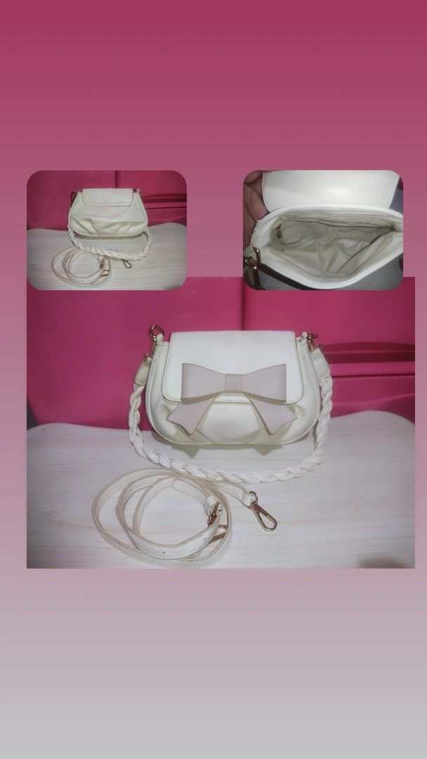 White crossbody bag with bow and braided strap (Category: Cross-body Bags) located in Manila. Submitted by xiaochao.16 (Listing ID 1463738576, Image 1). Description: - Adorable white crossbody bag - Features a sweet light pink bow on the front - Stylish braided white strap - Includes a convenient zippered pocket inside - Elegant gold hardware details - Ideal for everyday casual outings.
