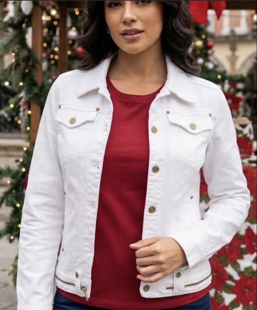 White Denim Jacket with Gold Hardware (Category: Coats, Jackets and Outerwear) located in Plaridel. Submitted by ilovebubu28 (Listing ID 1463626050, Image 1). Description: - Classic white denim jacket - Button-up front - Chest pockets - Zippered cuffs - Side pockets - Gold-toned buttons and hardware - Perfect for layering - Versatile wardrobe staple.