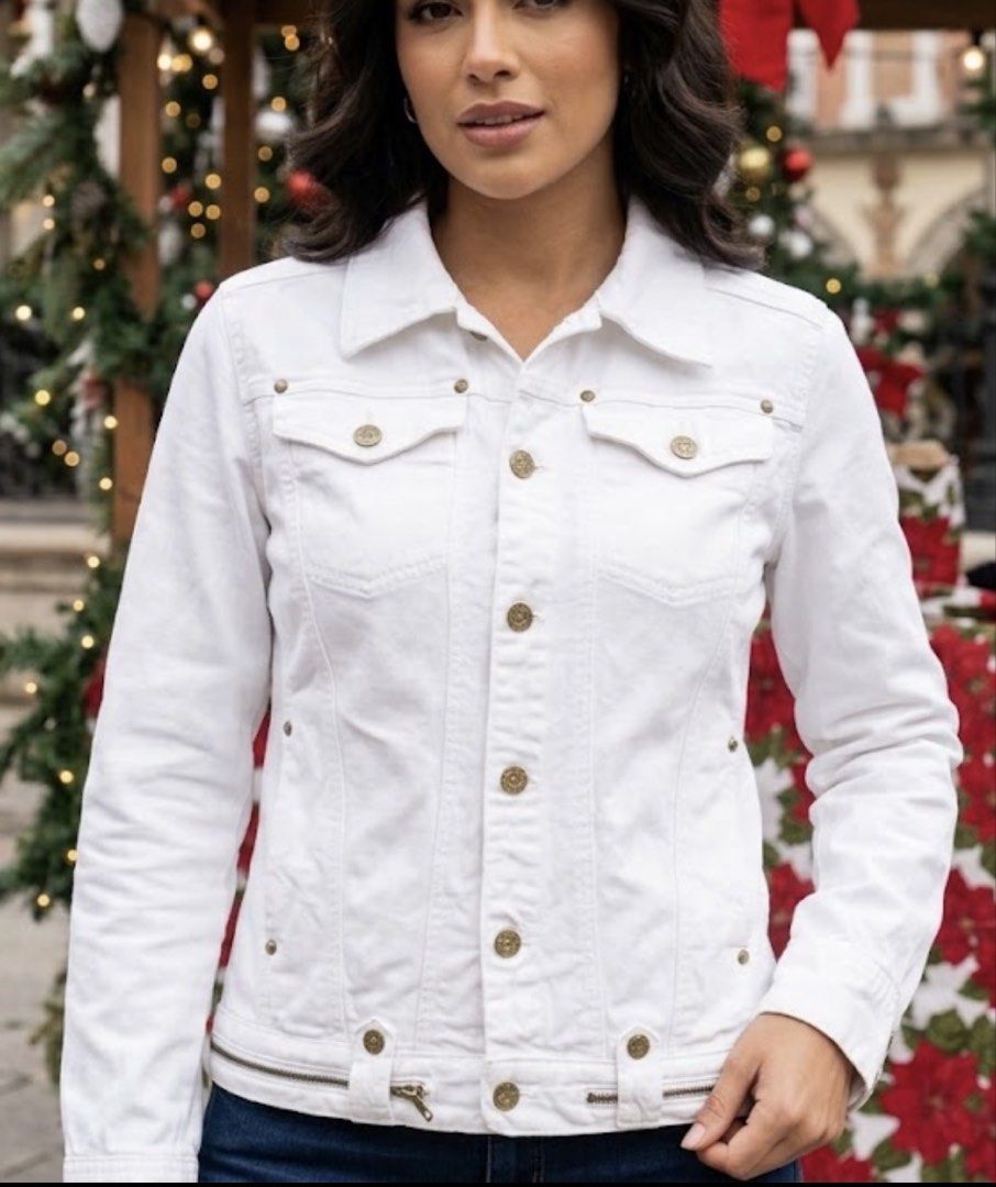 White Denim Jacket with Gold Hardware (Category: Coats, Jackets and Outerwear) located in Plaridel. Submitted by ilovebubu28 (Listing ID 1463626050, Image 2). Description: - Classic white denim jacket - Button-up front - Chest pockets - Zippered cuffs - Side pockets - Gold-toned buttons and hardware - Perfect for layering - Versatile wardrobe staple.