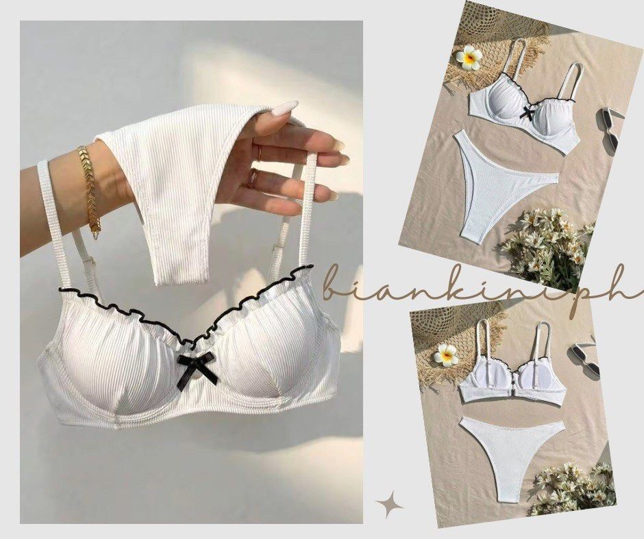 White Ribbed Bikini with Black Trim and Bow (Category: Bikinis & Swimsuits) located in Las Pinas. Submitted by kathybianca (Listing ID 1463590618, Image 1). Description: - Cute white ribbed bikini set - Ruffled trim along bra - Small black bow detail in the center - Matching thong bottoms included - Adjustable straps for a comfortable fit - Ideal for beach days, pool parties, or your next vacation!.