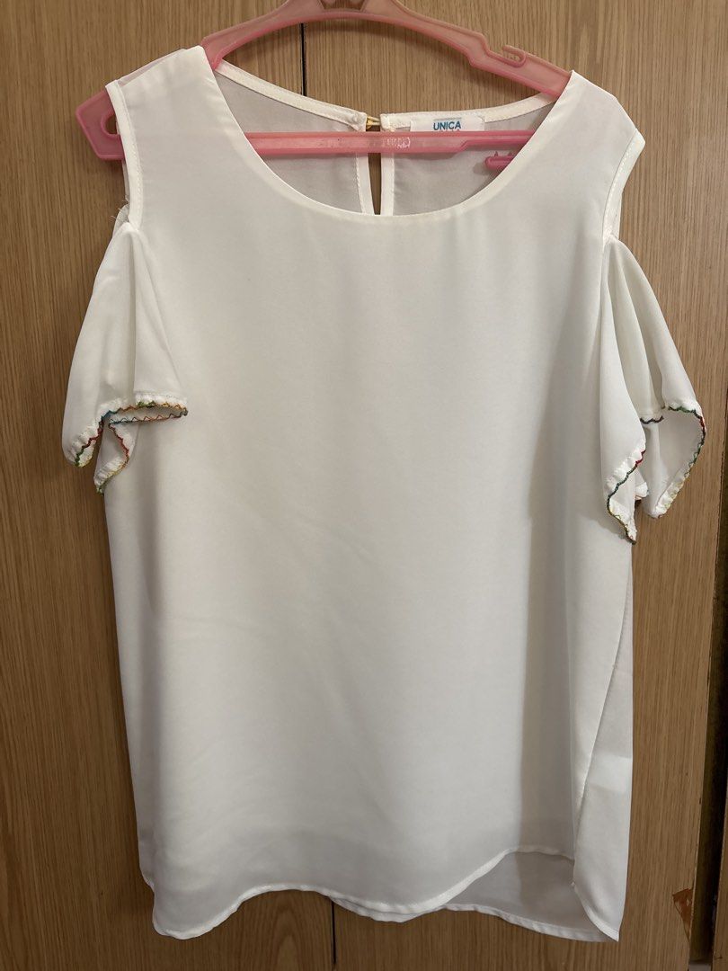 White Shoulder Top with Rainbow Trim (Category: Sleeveless) located in Quezon City. Submitted by thebookwyrm (Listing ID 1463630123, Image 1). Description: - White top - Adorable rainbow trim on sleeves - Round neckline with back keyhole opening - Lightweight material, ideal for warm weather ***sizes are based on tags*** - Versatile: pairs well with jeans or skirts.