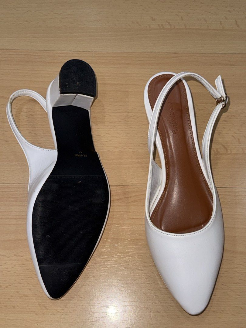 White Slingback Heels with Buckle Strap (Category: Heels) located in Muntinlupa City. Submitted by diananeedsspace (Listing ID 1463609725, Image 3). Description: - White pointed-toe slingback heels - Low block heel for comfort - Adjustable ankle strap with buckle - Tan brown inner sole - Size: 41 - Versatile: dress up or down Can fit EU 40 or US 9 (this is my size). Used once only..