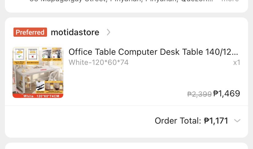 white study table (120*60*74) (Category: Tables & Sets) located in Quezon City. Submitted by kastiel00 (Listing ID 1463734057, Image 2). Description: Bought for 1171 pesos on 🍊 app has signs of usage but no other major flaws i can disassemble if u prefer it hmu if u want to negotiate! loc diliman qc pick up/ lalamove only for this item .