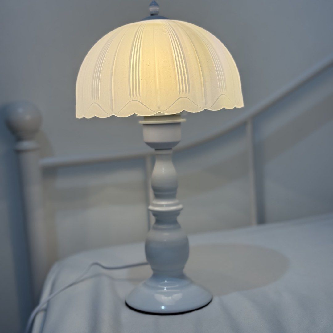White Vintage Style Dome Table Lamp (Category: Lighting) located in Makati City. Submitted by yumiiichigo (Listing ID 1463697247, Image 2). Description: approx 15” tall with lightbulb already light can be switched to 3 modes no issues, never been used just tested. ikea aesthetic coquette mushroom lamp minimalist .