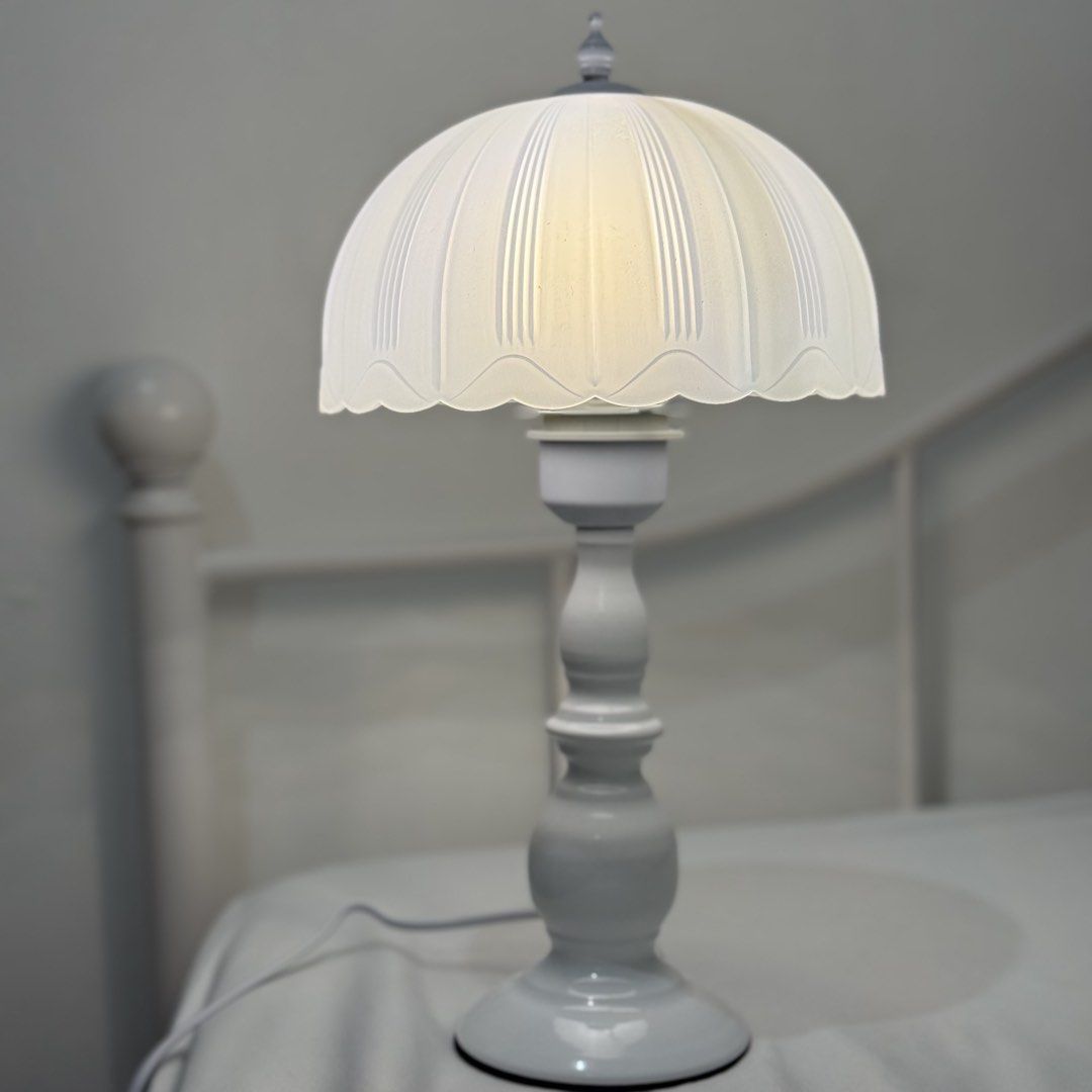White Vintage Style Dome Table Lamp (Category: Lighting) located in Makati City. Submitted by yumiiichigo (Listing ID 1463697247, Image 1). Description: approx 15” tall with lightbulb already light can be switched to 3 modes no issues, never been used just tested. ikea aesthetic coquette mushroom lamp minimalist .