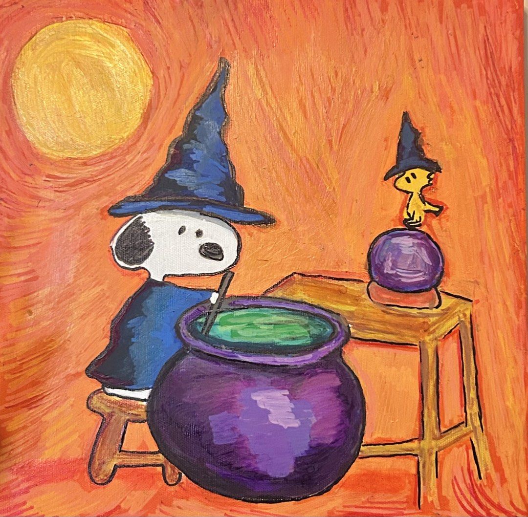 Witchy Snoopy Acrylic Painting on Canvas (Box Type) (Category: Art & Prints) located in Manila. Submitted by redcherries27 (Listing ID 1463579263, Image 2). Description: - Hand-painted Snoopy as a witch artwork - Medium: Acrylic on box canvas - Size: 30cm x 30cm - Ideal for Snoopy fans and Halloween enthusiasts - Unique wall decor piece.