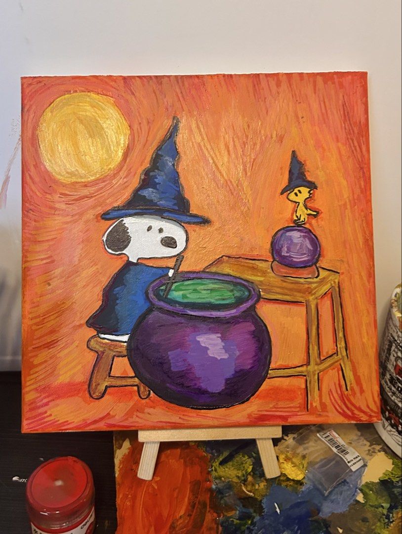 Witchy Snoopy Acrylic Painting on Canvas (Box Type) (Category: Art & Prints) located in Manila. Submitted by redcherries27 (Listing ID 1463579263, Image 3). Description: - Hand-painted Snoopy as a witch artwork - Medium: Acrylic on box canvas - Size: 30cm x 30cm - Ideal for Snoopy fans and Halloween enthusiasts - Unique wall decor piece.