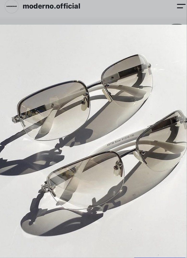 Y2K rimless silver sunglasses moderno (Category: Sunglasses & Eyewear) located in Pasig City. Submitted by miss_abuelita (Listing ID 1461600889, Image 2). Description: with Moderno Box and PU Leather pouch.