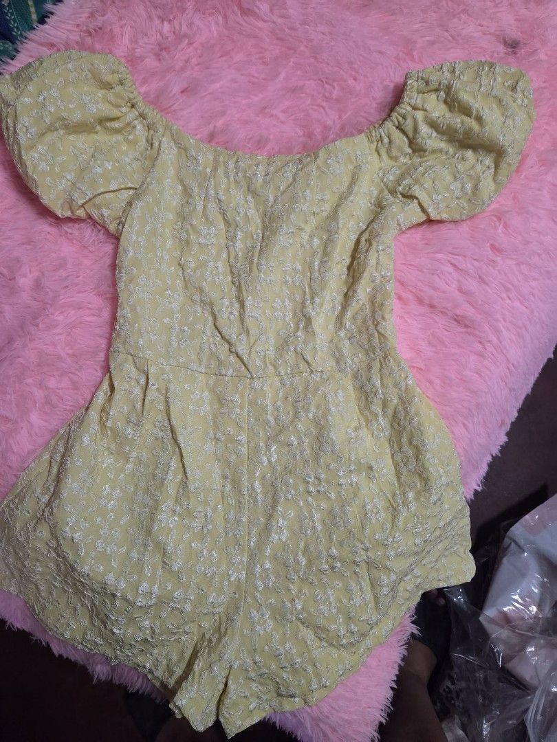 Yellow Off-Shoulder Puff Sleeve Floral Romper (Category: Rompers) located in Manila. Submitted by 3dec76162b7a19e007e3ecb867113a (Listing ID 1463615238, Image 1). Description: - Adorable yellow romper - Chic off-shoulder neckline - Cute puff sleeves - Beautiful all-over embossed floral texture - Comfortable and easy to wear - Ideal for casual days or summer events.