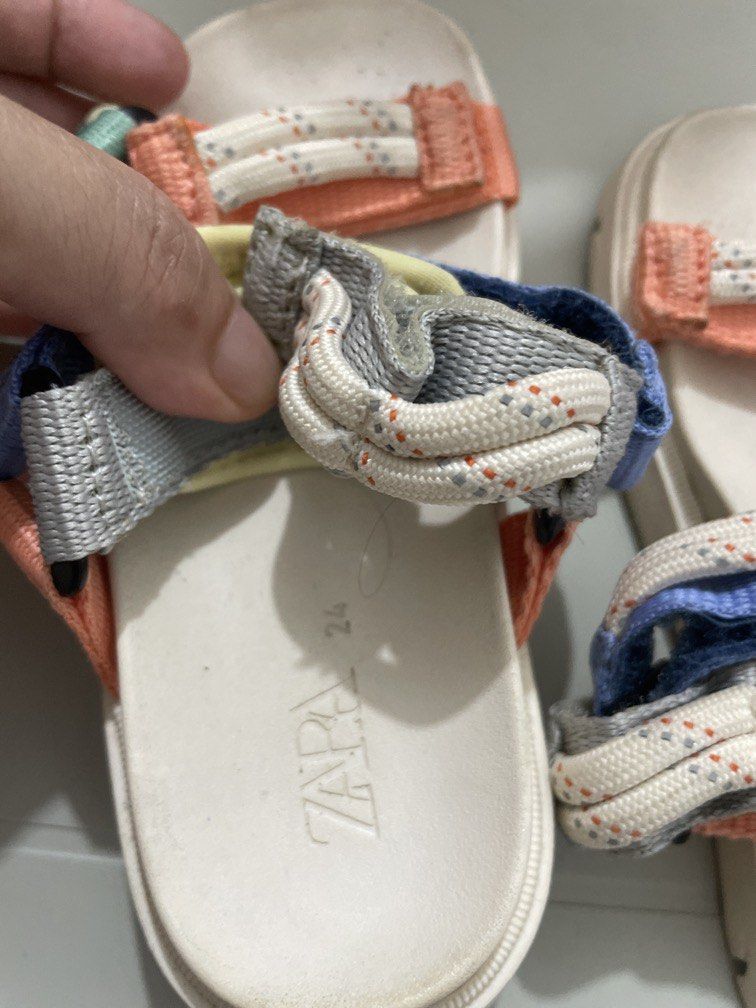 ZARA Kids Sandals Size 24 16cm (Category: Babies & Kids Fashion) located in Quezon City. Submitted by sanri23 (Listing ID 1463573643, Image 2). Description: - Cute Zara sandals - Size 24 - 16 cm - White base with colorful straps (coral, blue, yellow, grey) - Rope detailing on straps - Adjustable velcro closure - Soles show some wear, but plenty of life left - Great for everyday wear.