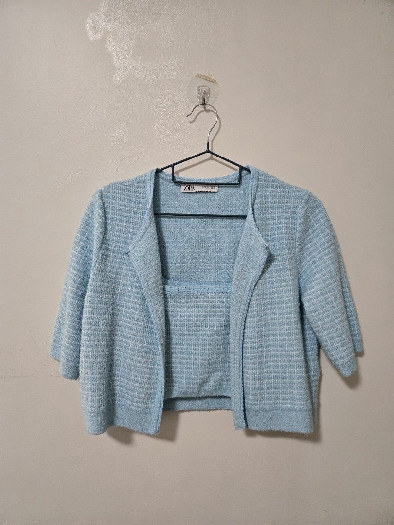 Zara Light Blue Textured Cardigan (Category: Coats, Jackets and Outerwear) located in Cagayan de Oro. Submitted by itsnaja (Listing ID 1463687724, Image 1). Description: - Zara light blue textured cardigan - Open front, relaxed fit - Subtle checkered pattern woven into fabric - Perfect for layering over tops or dresses - Versatile for casual or slightly dressed-up outfits - Made in Turkey used cardigan once only! take both for 1000 :) cardigan is