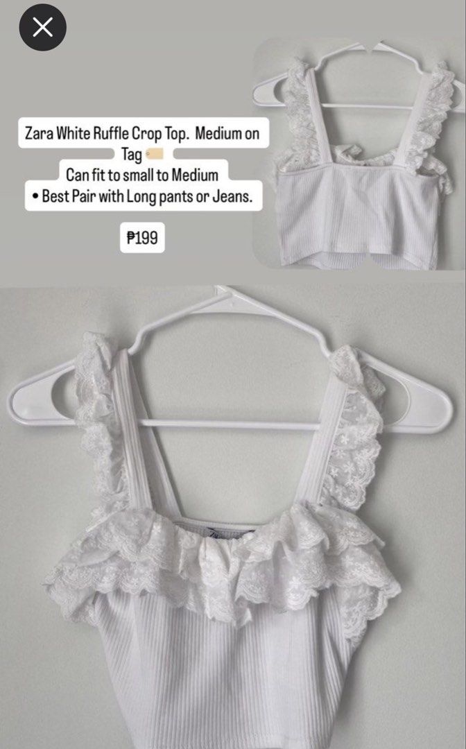 Zara White Crop Top (Category: Sleeveless) located in Macabebe. Submitted by virgoluxe.co (Listing ID 1463619483, Image 1). Description: Zara white crop top - Ruffle detailing - Size: Fits Small to Medium - Ribbed texture - Perfect with long pants or jeans.