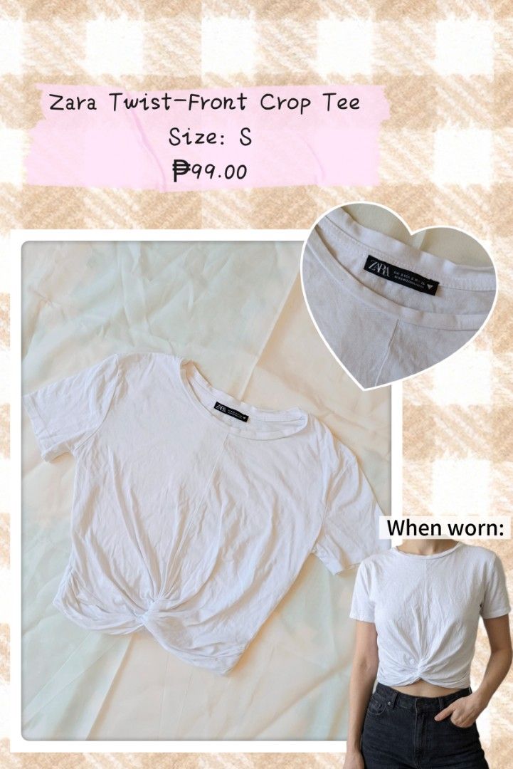Zara White Twist-Front Crop Tee Size S (Category: Shirts) located in Legazpi City. Submitted by gellybean_closet (Listing ID 1463589522, Image 1). Description: 🎀 Item Details: • Price: ₱99.00 • Size: Small • Condition: Pre-loved (Used but not abused) • Color: White (Note: Color may slightly vary due to lighting) 💰 Payment: Cash / GCash 📍 Meet-up: Every Saturday (Within Albay area) 🚚 Shipping: Available for buyer's outside Legazpi or Albay (Sh