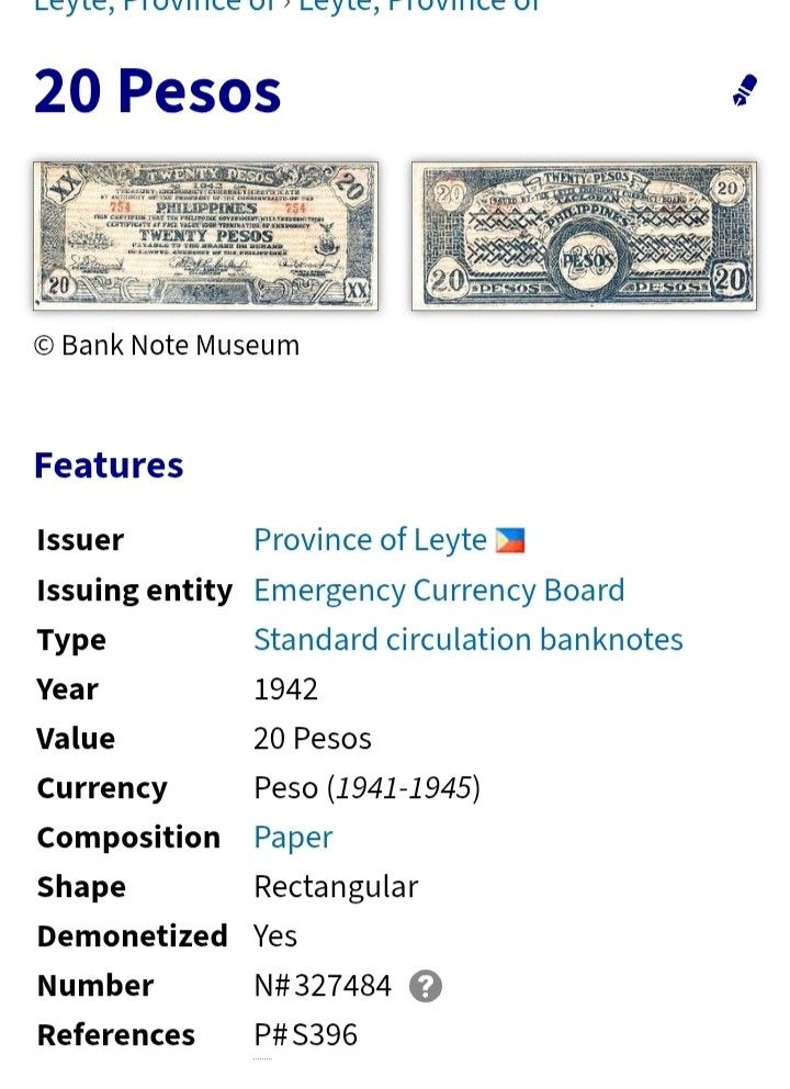 1942 20 pesos Leyte Guerilla note (Category: Currency) located in Manila. Submitted by bjie2700446238 (Listing ID 1463770992, Image 3). Description: Au-Unc cond Rare Low mintage production.