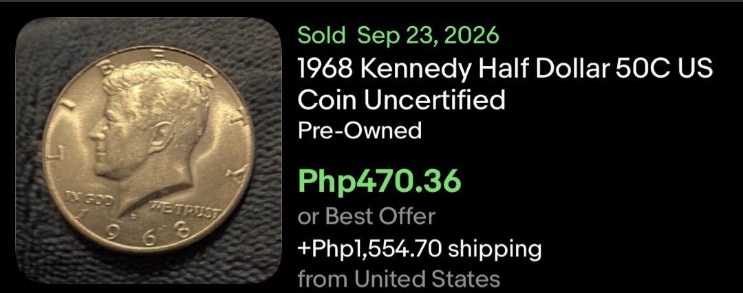 1968 Kennedy Half Dollar Coin (Category: Currency) located in Iloilo. Submitted by jackpot.treasures (Listing ID 1463752390, Image 3). Description: - 1968 Kennedy Half Dollar Coin - Features President John F. Kennedy on the obverse - Presidential Coat of Arms on the reverse - Comes in a protective plastic case - Ideal for coin collectors.