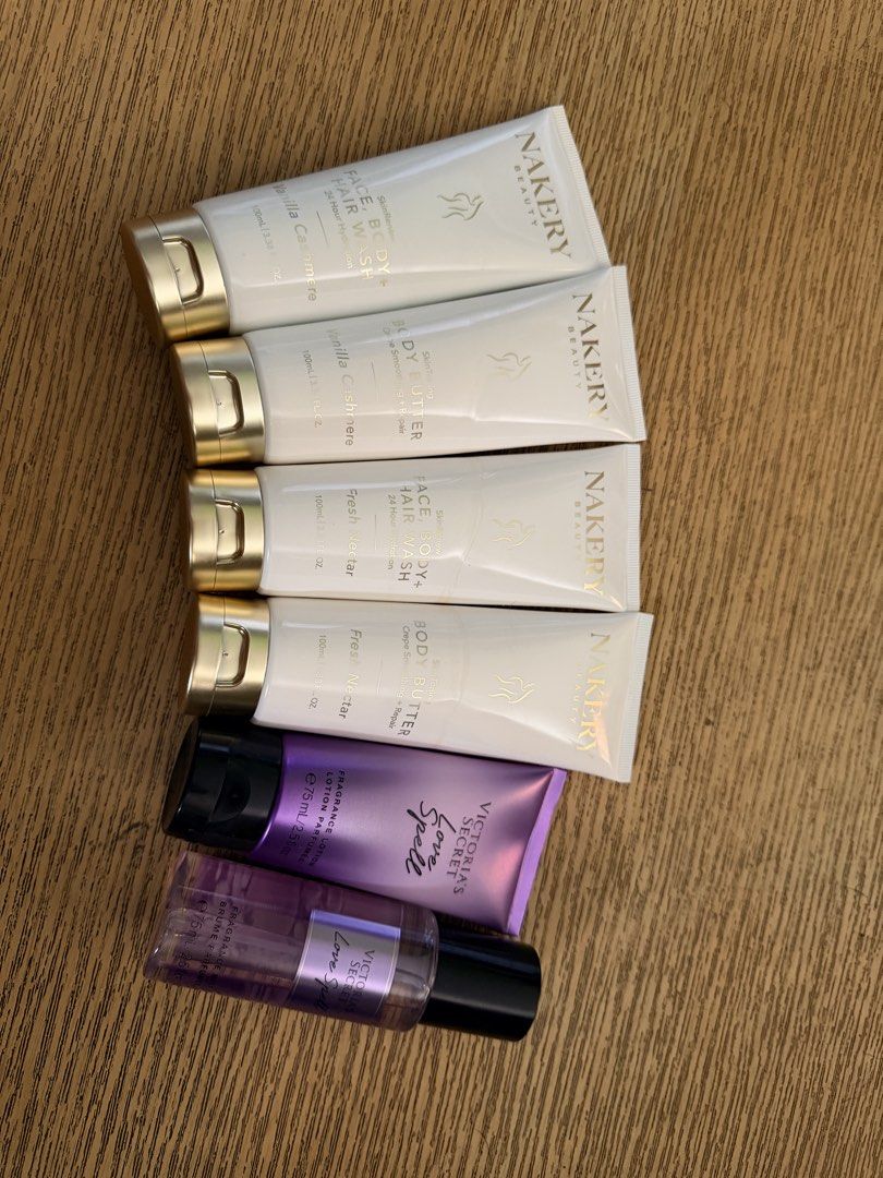 1 ITEM FREE for every 1k purchase (Category: Body Care) located in Muntinlupa City. Submitted by cocofinds023 (Listing ID 1463778035, Image 1). Description: - Bundle includes Nakery Beauty Face, Body + Hair Wash and Body Butter. - Scents: Vanilla Cashmere and Fresh Nectar. - Also includes Victoria's Secret Love Spell Fragrance Lotion and Mist. - All items are 100ml or 75ml sizes. - Ideal for travel or sampling new fragrances. 1 item free for ever
