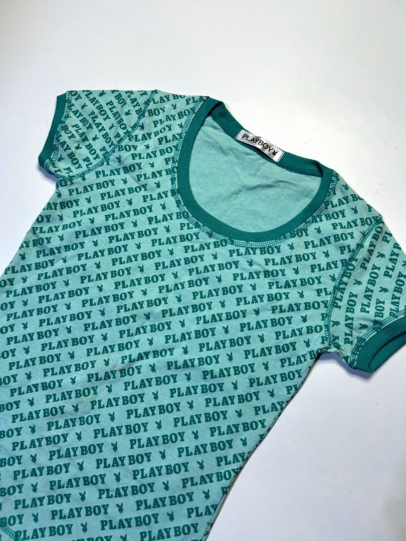 2000s Playboy Teal Monogram Baby Tee (Category: Shirts) located in Marikina City. Submitted by wearablearttt (Listing ID 1463931163, Image 1). Description: -fabric of this is kinda thick 𖨆 LAID FLAT MEASUREMENTS L 21.5" ‎W 14-16" ‎B 15-17.5".